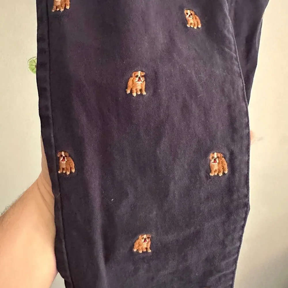 Gymboree Navy Blue Chino Pants with Tiny Bulldogs All Over Embroidery Size 6